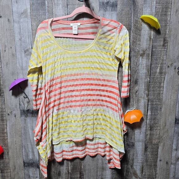 Sundance Lightweight Burnout  Yellow Orange Stripe Tunic Top Sharkbite - Picture 1 of 3